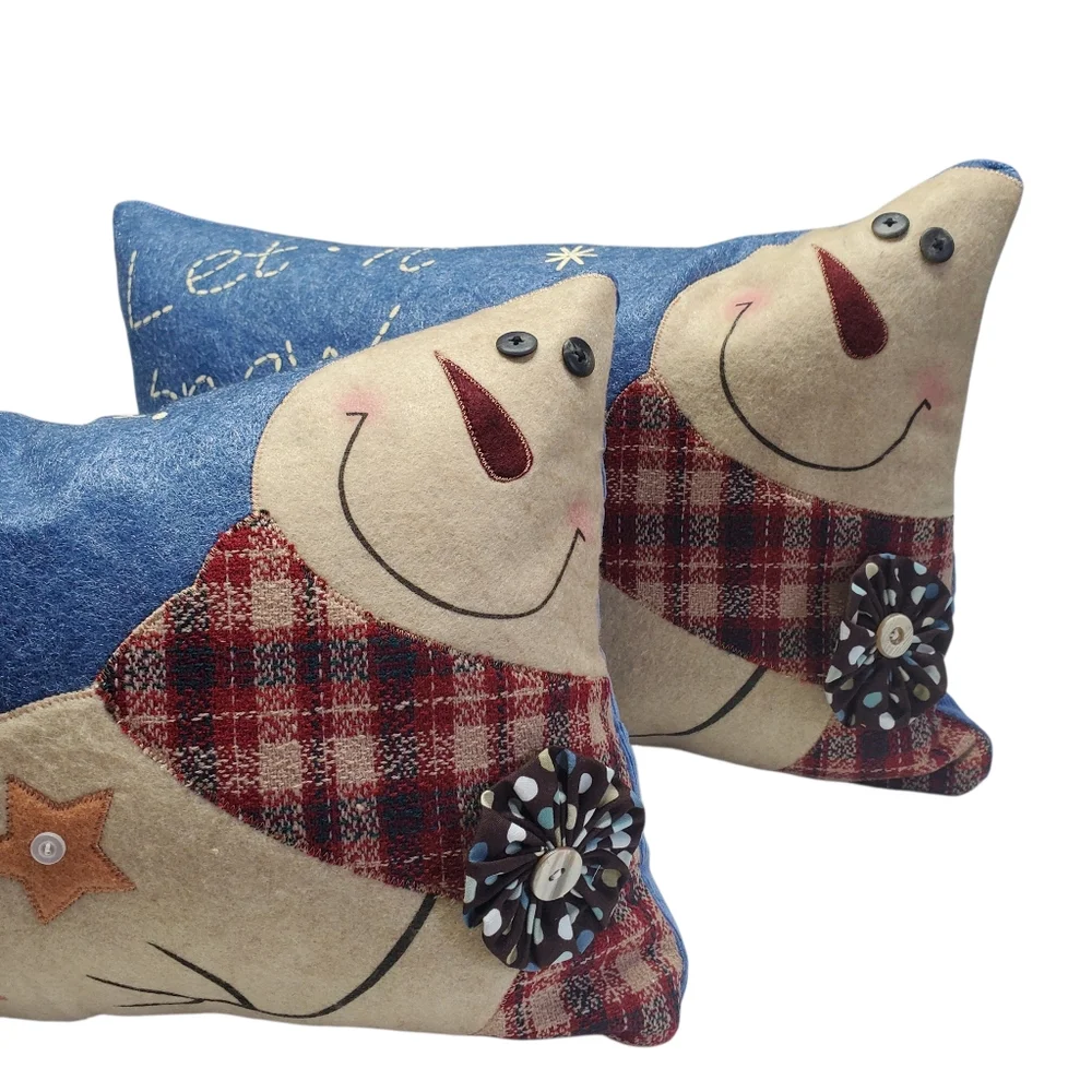 NEW Homemade Festive Snowman Throw Pillow Set - Blue and Cream